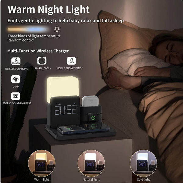 4 in 1 Fast Wireless Charger Station & Lamp With Alarm Clock