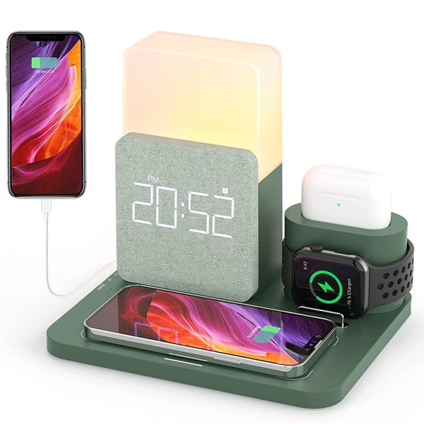 4 in 1 Fast Wireless Charger Station & Lamp With Alarm Clock