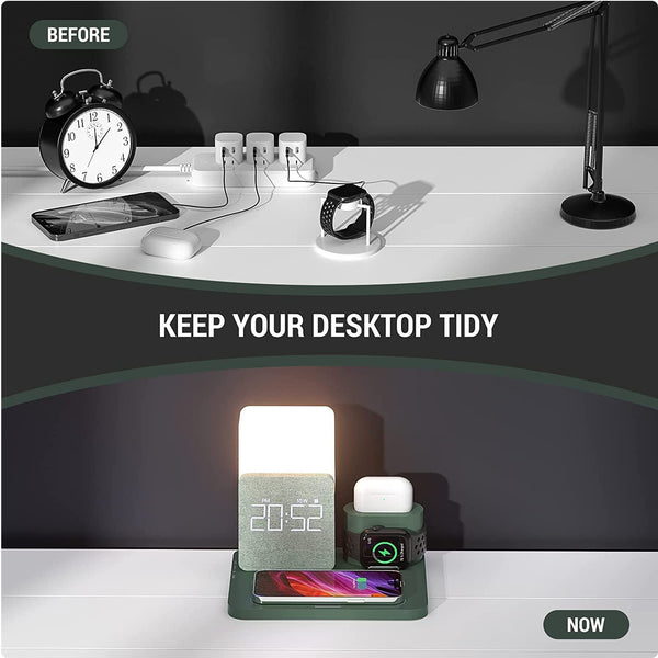 4 in 1 Fast Wireless Charger Station & Lamp With Alarm Clock