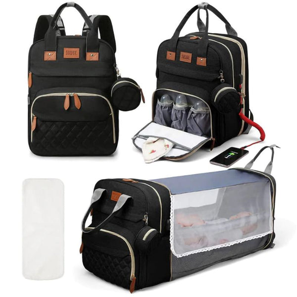 3-in-1 Diaper Bag Backpack - Foldable Bed & Mosquito Net