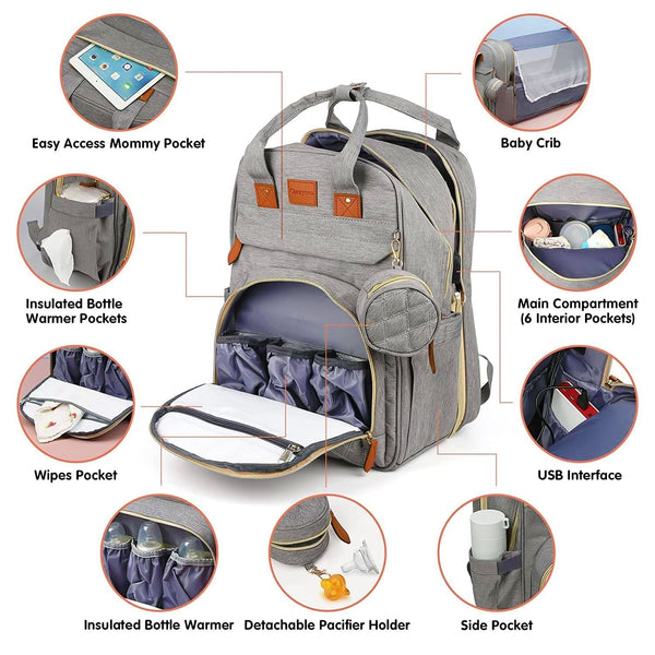 3-in-1 Diaper Bag Backpack - Foldable Bed & Mosquito Net