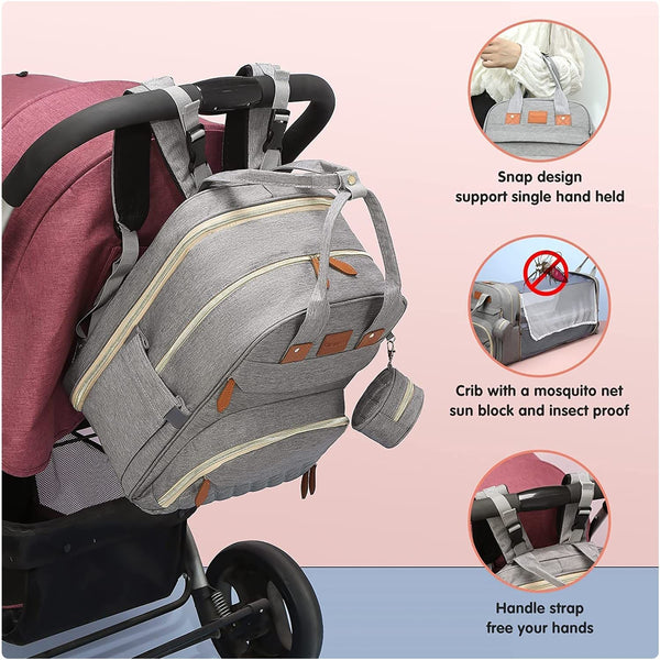 3-in-1 Diaper Bag Backpack - Foldable Bed & Mosquito Net