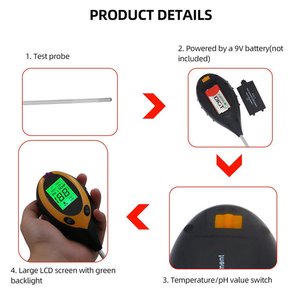 Soil pH Meter - 4 in 1 Soil pH, Temperature, Moisture and Sun light Meter