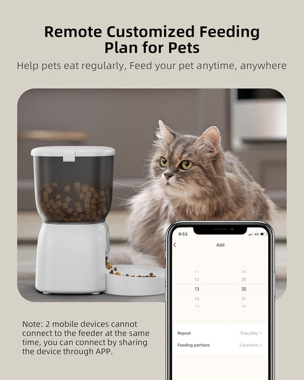 WiFi Cat Feeder: App-Controlled, 15 Portions, Dual Power - 10 Meals/Day (4L)