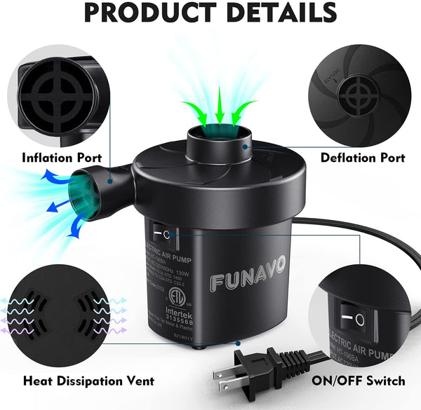 FUNAVO Portable Electric Air Pump - Quick-fill 130W, 3 Nozzles, Inflates/Deflates for Pools, Mattresses, Boats - 110V