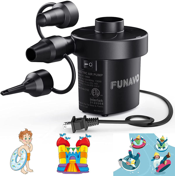 FUNAVO Portable Electric Air Pump - Quick-fill 130W, 3 Nozzles, Inflates/Deflates for Pools, Mattresses, Boats - 110V