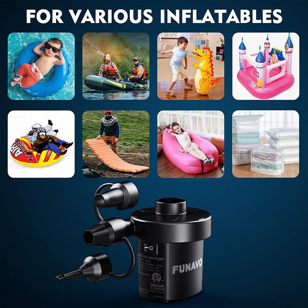FUNAVO Portable Electric Air Pump - Quick-fill 130W, 3 Nozzles, Inflates/Deflates for Pools, Mattresses, Boats - 110V