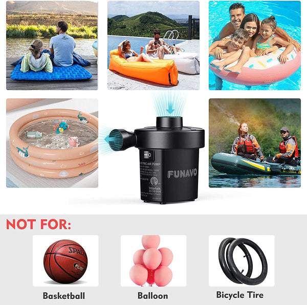 FUNAVO Portable Electric Air Pump - Quick-fill 130W, 3 Nozzles, Inflates/Deflates for Pools, Mattresses, Boats - 110V