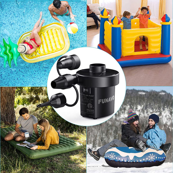 FUNAVO Portable Electric Air Pump - Quick-fill 130W, 3 Nozzles, Inflates/Deflates for Pools, Mattresses, Boats - 110V