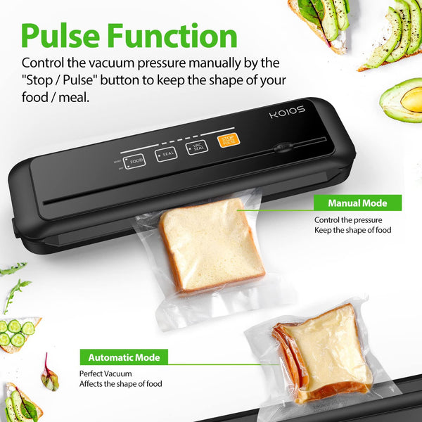 KOIOS Vacuum Sealer: 86Kpa Auto Food Sealer, Built-in Cutter, Starter Kit, Dry & Moist Modes, VS6621