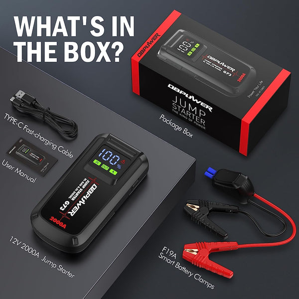 DBPOWER 2000A Jump Starter: Portable Car Battery Booster (Up to 8.0L Gas, 6.5L Diesel) with LCD Display & Smart Cables - ET03