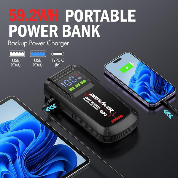 DBPOWER 2000A Jump Starter: Portable Car Battery Booster (Up to 8.0L Gas, 6.5L Diesel) with LCD Display & Smart Cables - ET03