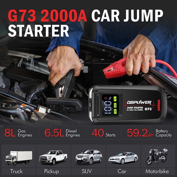DBPOWER 2000A Jump Starter: Portable Car Battery Booster (Up to 8.0L Gas, 6.5L Diesel) with LCD Display & Smart Cables - ET03