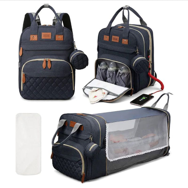 3-in-1 Diaper Bag Backpack - Foldable Bed & Mosquito Net