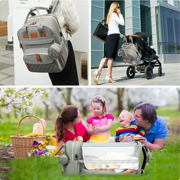 3-in-1 Diaper Bag Backpack - Foldable Bed & Mosquito Net