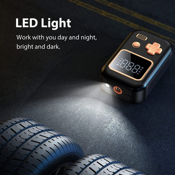 Tire Inflator Portable Air Compressor, 12V DC Car Air Pump with Digital Display, LED Light, Set of Nozzle Adaptors